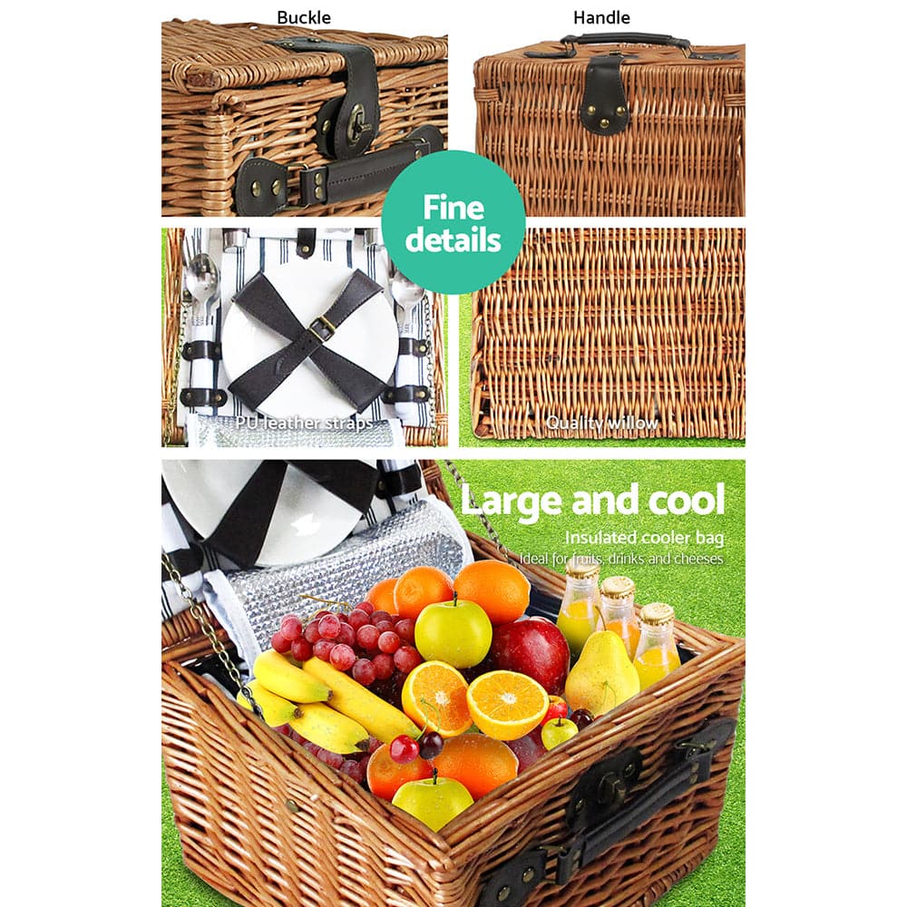 Alfresco 2 Person Picnic Basket Set Baskets Vintage Outdoor Insulated Blanket-Outdoor > Picnic-PEROZ Accessories
