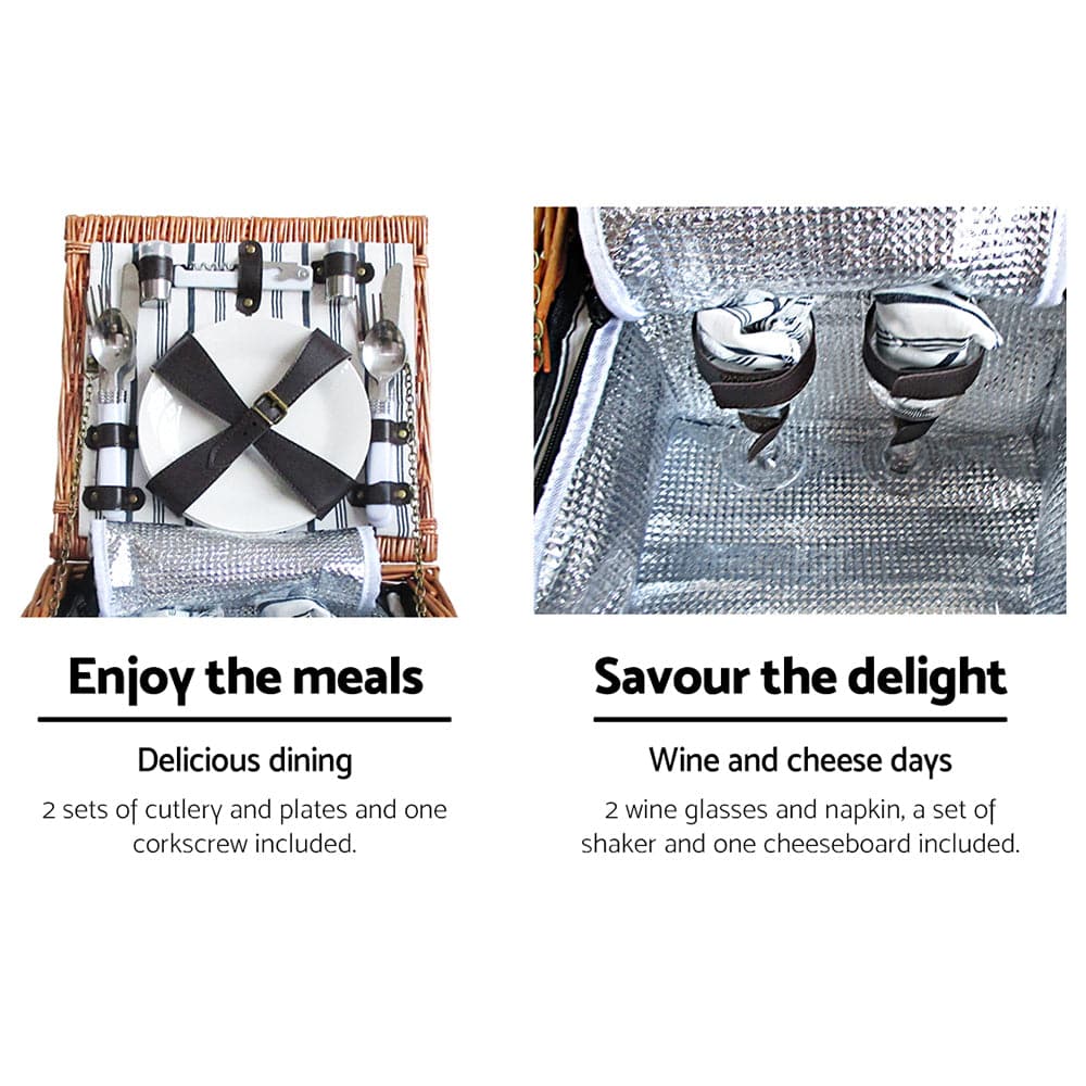 Alfresco 2 Person Picnic Basket Set Baskets Vintage Outdoor Insulated Blanket-Outdoor > Picnic-PEROZ Accessories