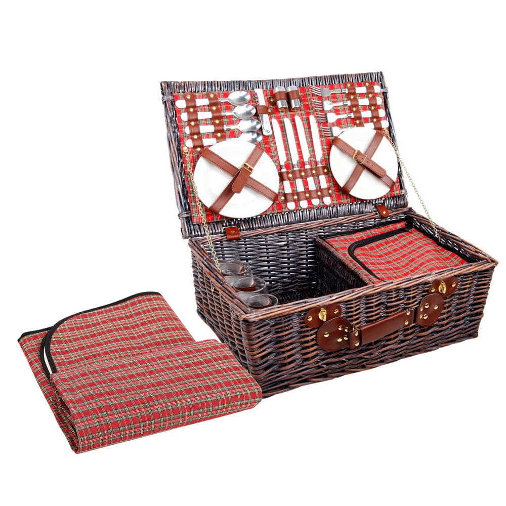 Alfresco 4 Person Picnic Basket Wicker Picnic Set Outdoor Insulated Blanket-Outdoor > Picnic-PEROZ Accessories