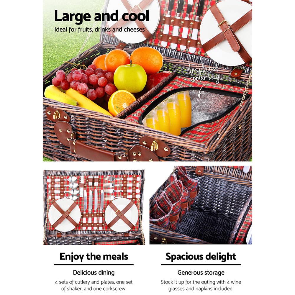 Alfresco 4 Person Picnic Basket Wicker Picnic Set Outdoor Insulated Blanket-Outdoor > Picnic-PEROZ Accessories