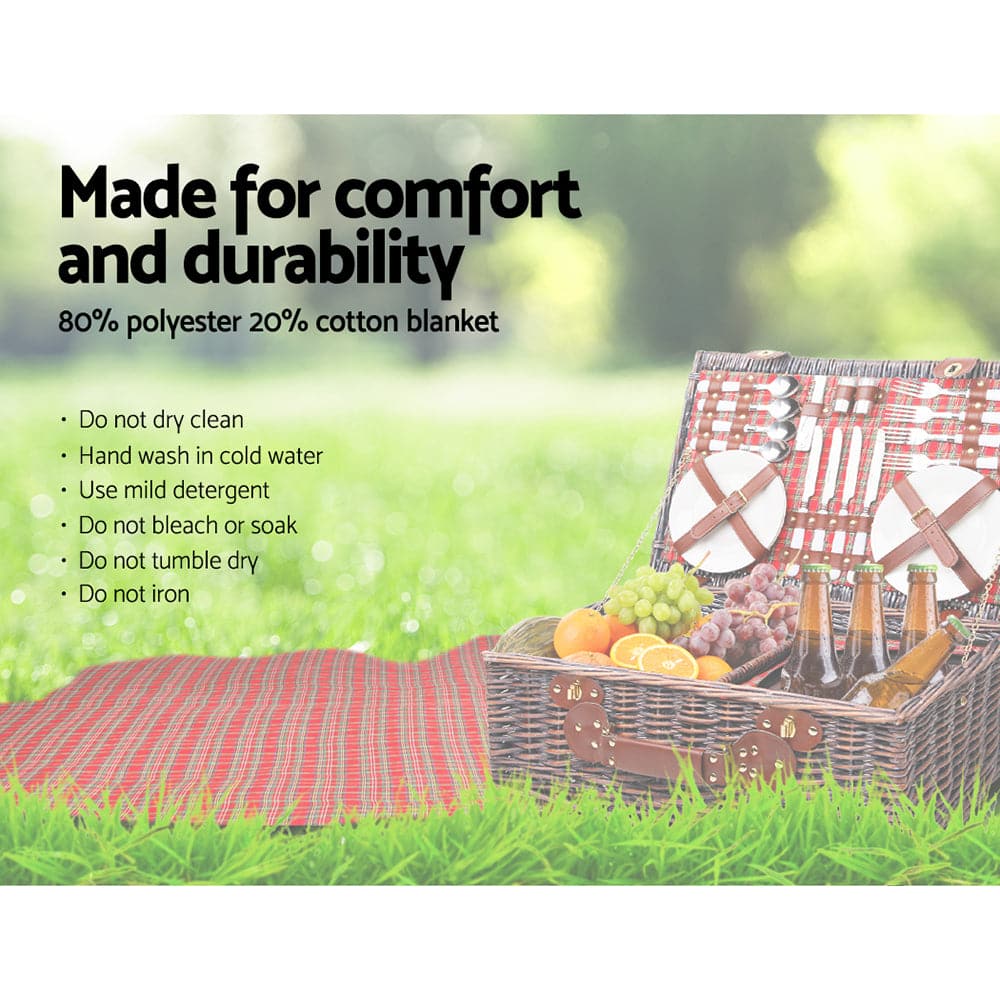 Alfresco 4 Person Picnic Basket Wicker Picnic Set Outdoor Insulated Blanket-Outdoor > Picnic-PEROZ Accessories