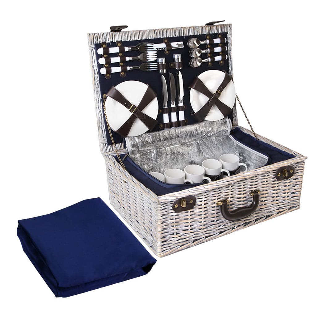 Alfresco 6 Person Picnic Basket Set Cooler Bag Wicker PU Fastening Straps Plates-Outdoor > Picnic-PEROZ Accessories