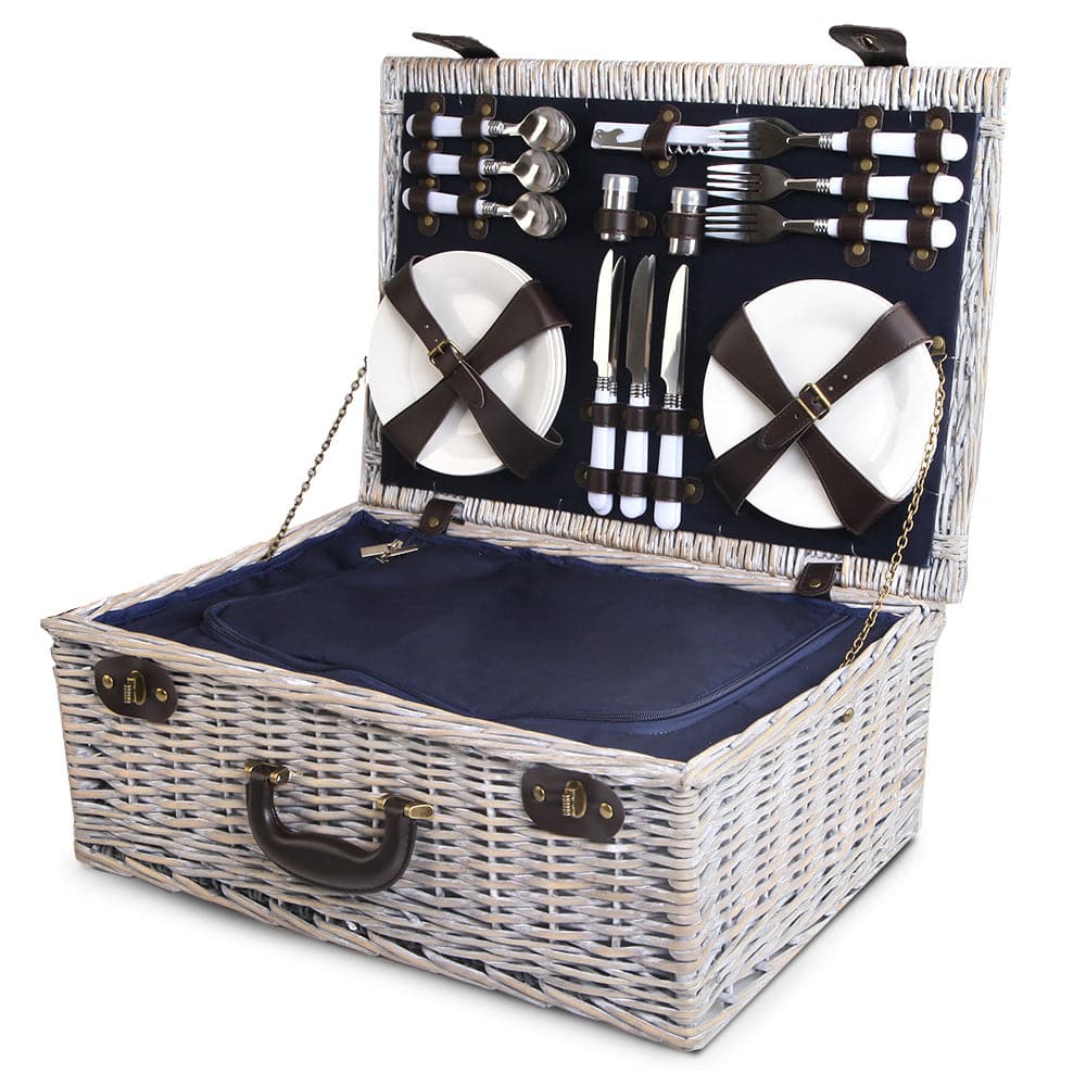 Alfresco 6 Person Picnic Basket Set Cooler Bag Wicker PU Fastening Straps Plates-Outdoor > Picnic-PEROZ Accessories