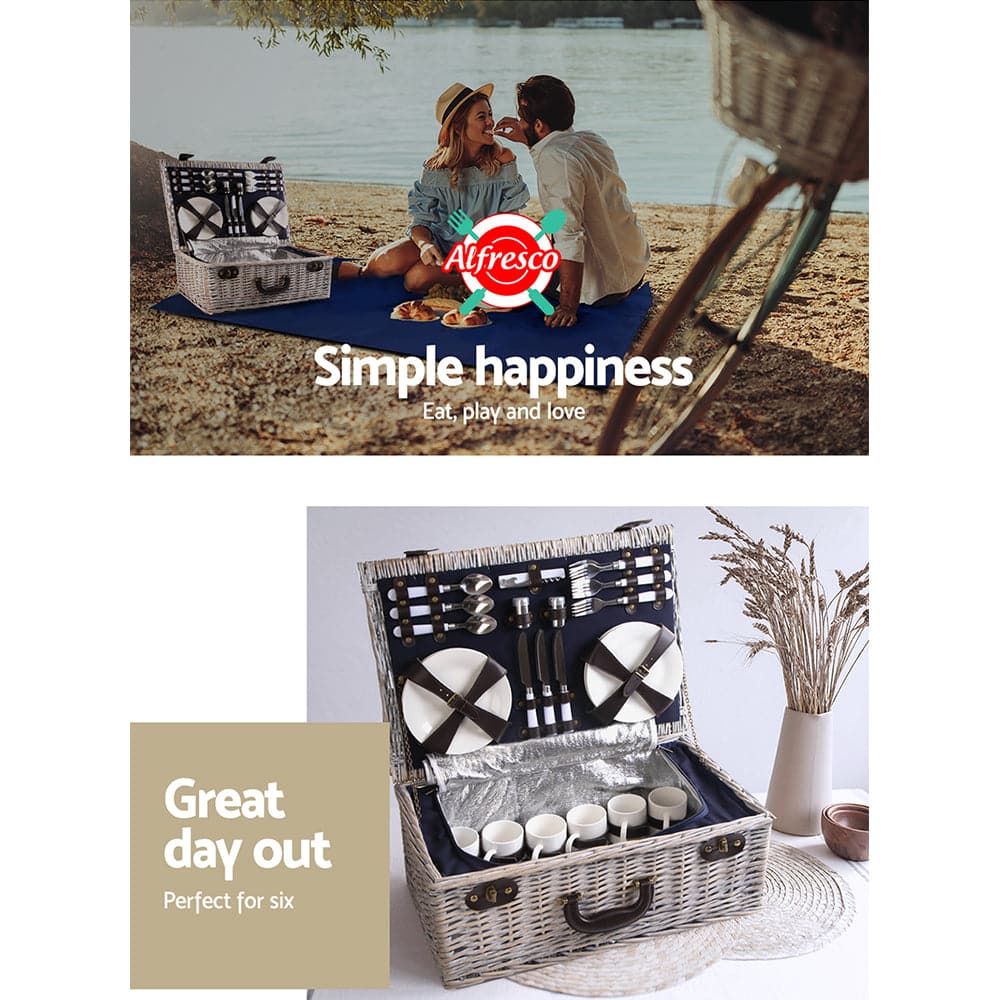 Alfresco 6 Person Picnic Basket Set Cooler Bag Wicker PU Fastening Straps Plates-Outdoor > Picnic-PEROZ Accessories