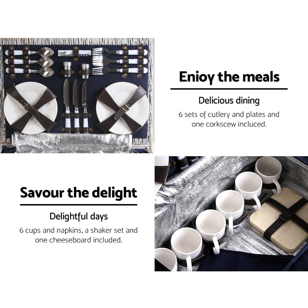 Alfresco 6 Person Picnic Basket Set Cooler Bag Wicker PU Fastening Straps Plates-Outdoor > Picnic-PEROZ Accessories