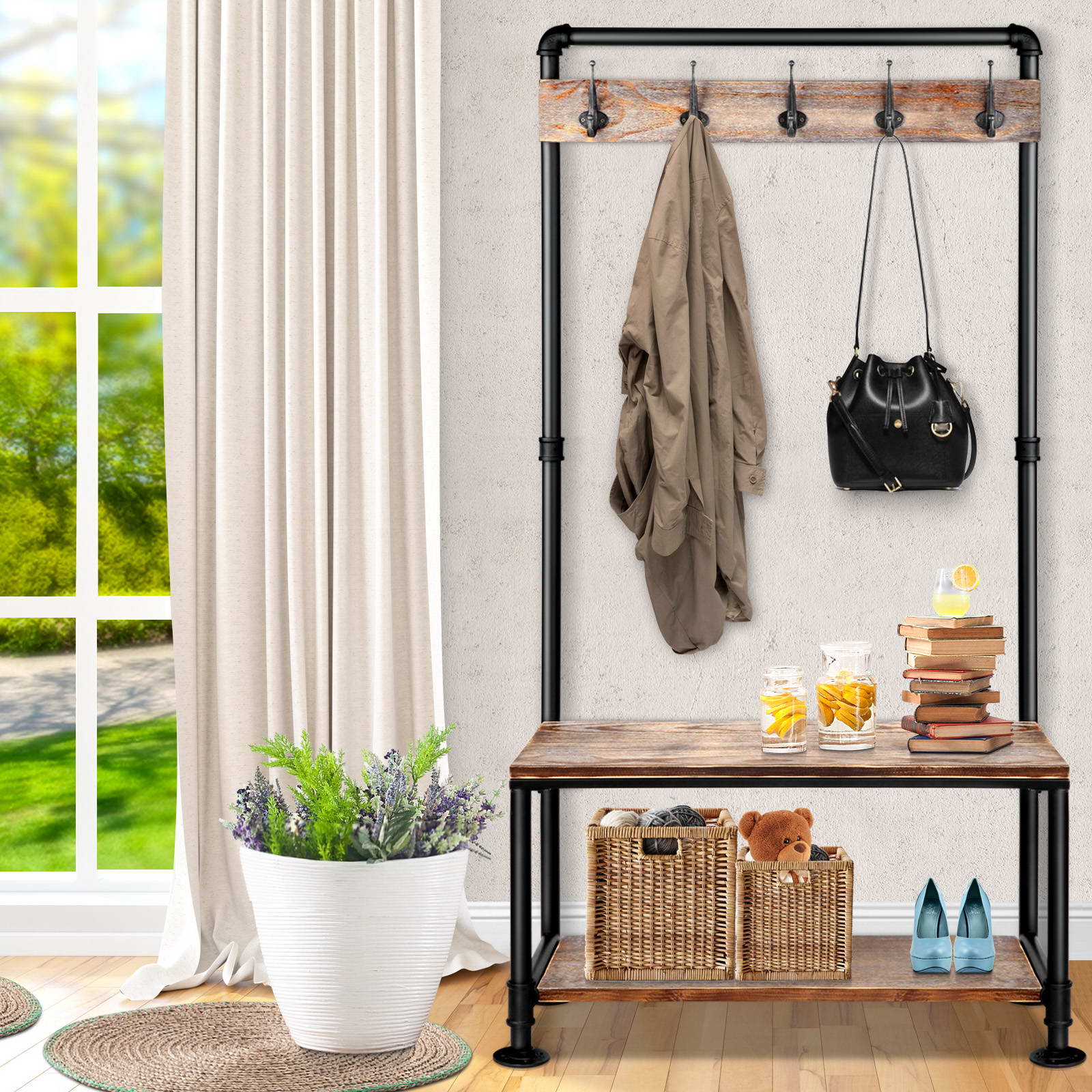 Artiss Clothes Rack Shoe Rack Vintage Coat Stand Hallway Shelf-Furniture > Living Room - Peroz Australia - Image - 7
