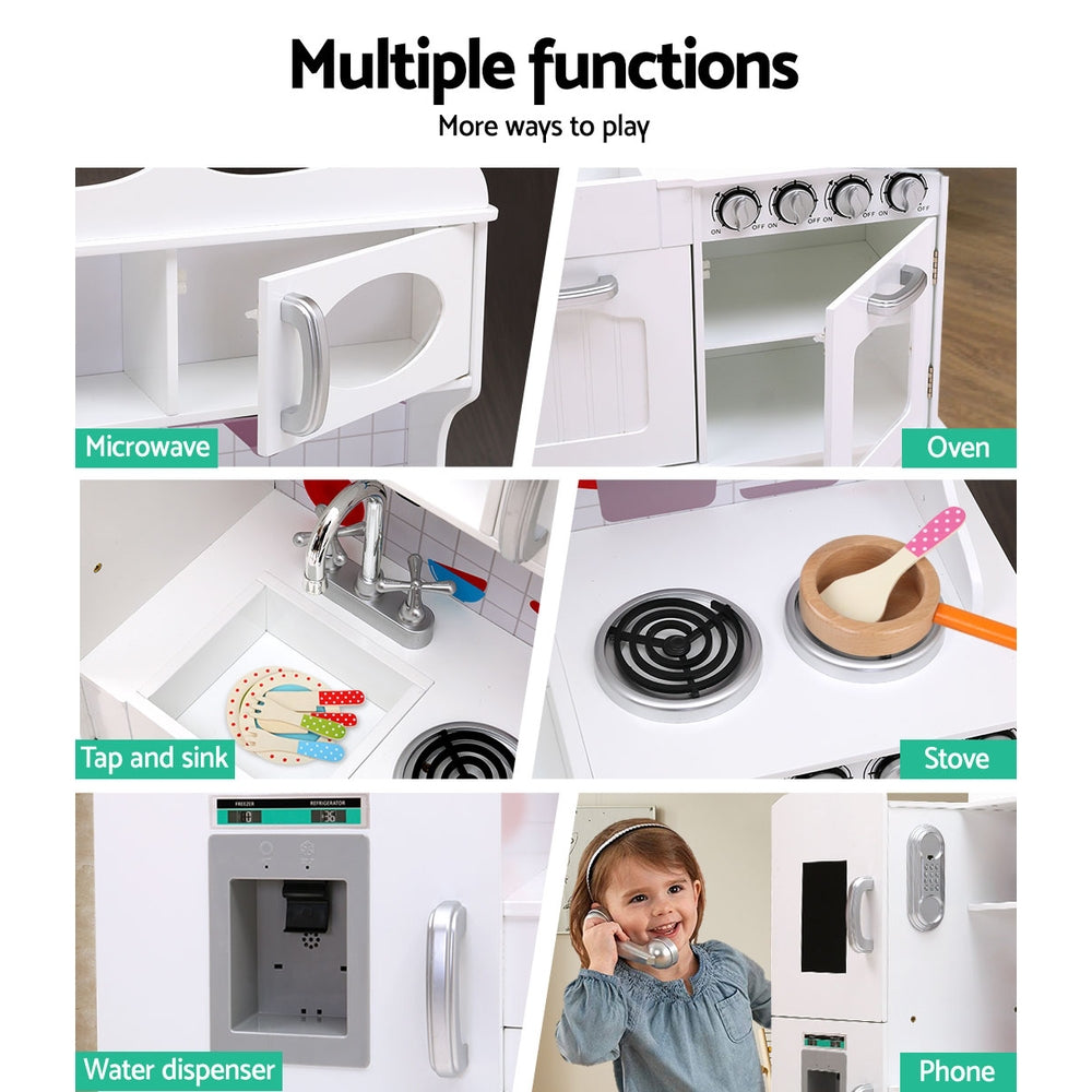 Keezi Kids Kitchen Play Set Wooden Pretend Toys Cooking Children Food White-Baby & Kids > Kid&