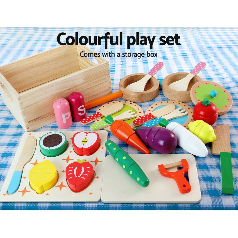Keezi Kids Kitchen Play Set Wooden Pretend Toys Cooking Children Food White-Baby & Kids > Kid&
