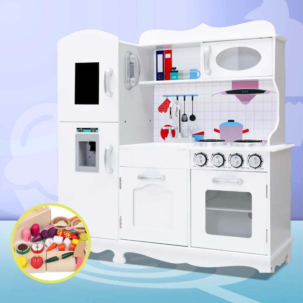 Keezi Kids Kitchen Play Set Wooden Pretend Toys Cooking Children Food White-Baby & Kids > Kid&