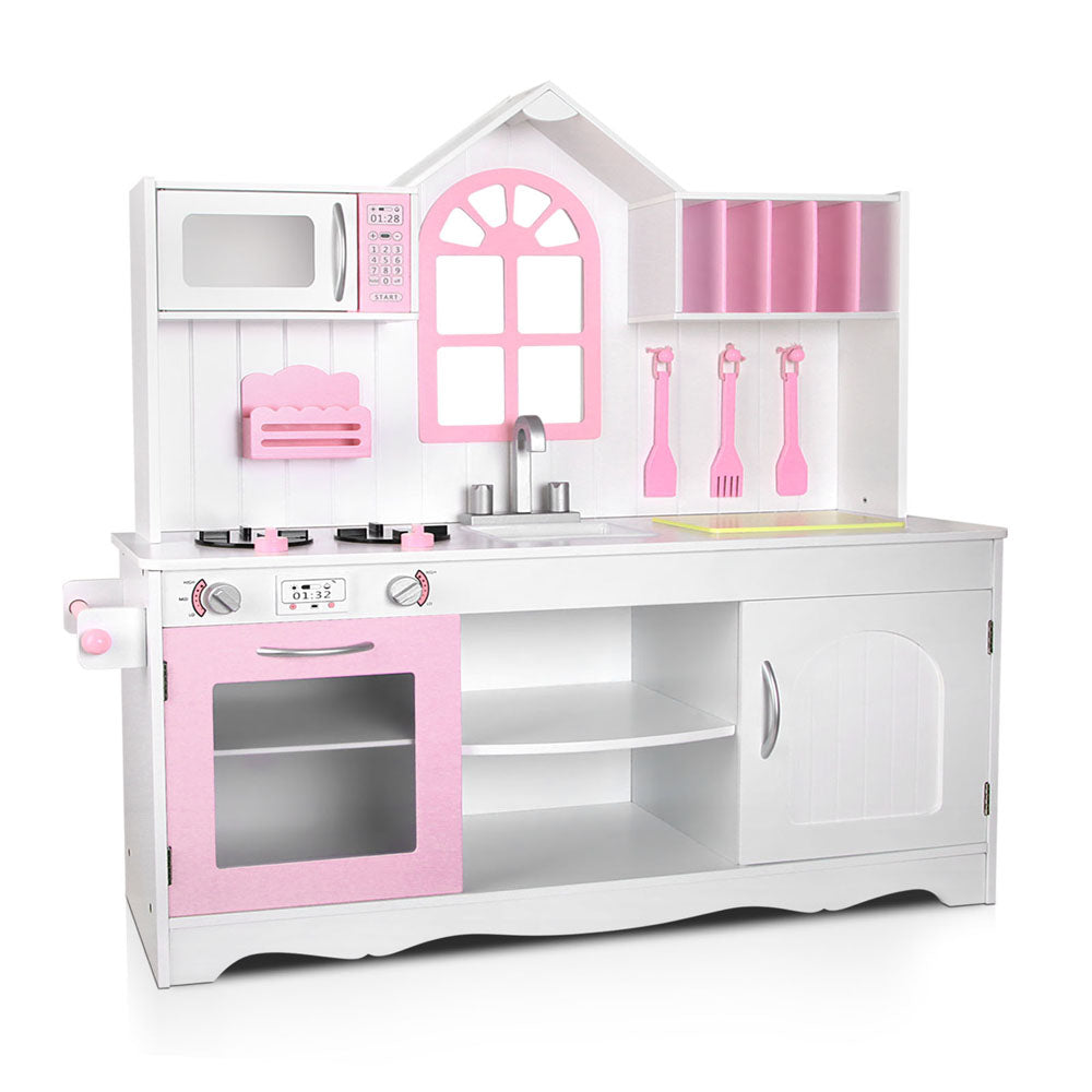 Keezi Kids Wooden Kitchen Play Set - White & Pink-Baby & Kids > Toys-PEROZ Accessories