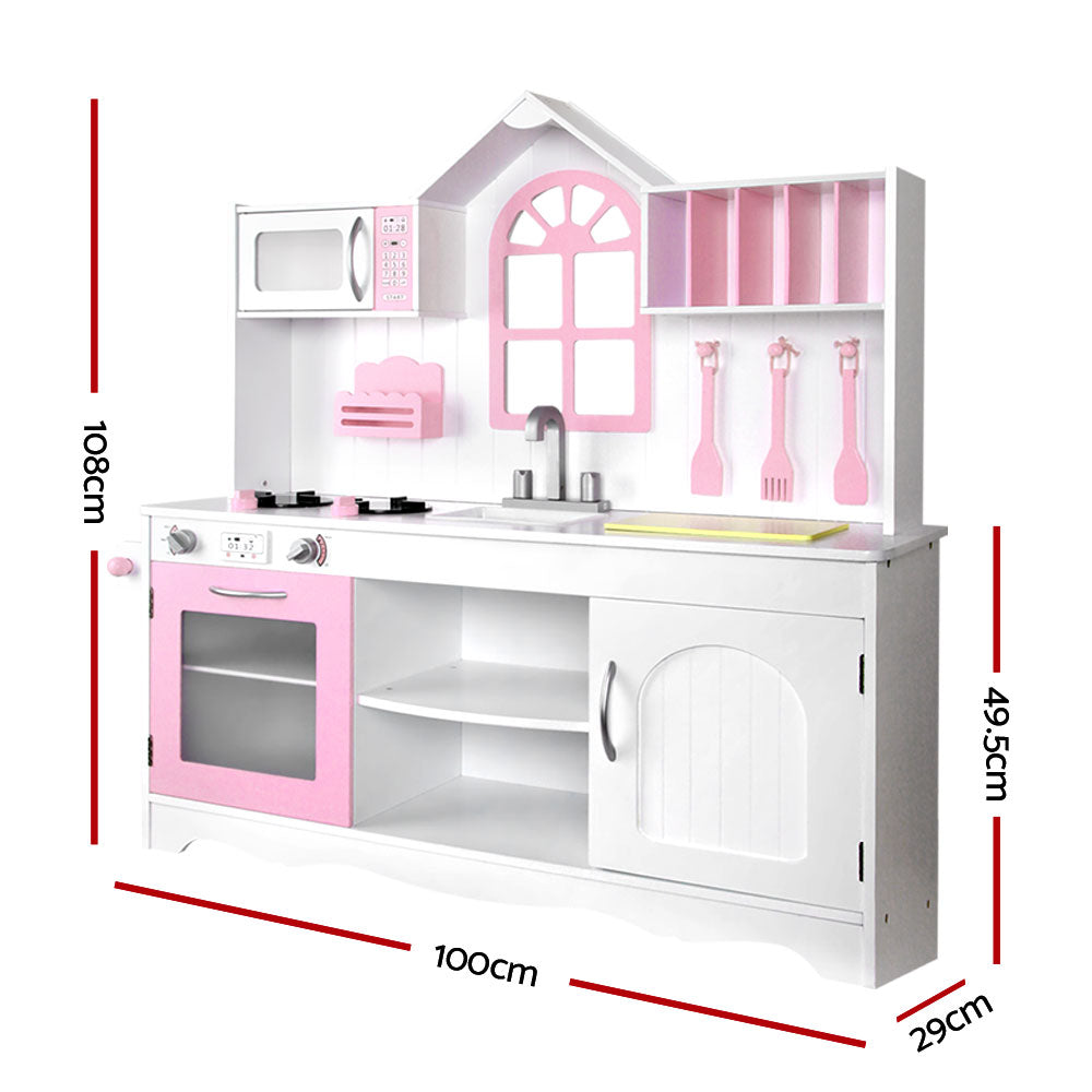 Keezi Kids Wooden Kitchen Play Set - White & Pink-Baby & Kids > Toys-PEROZ Accessories