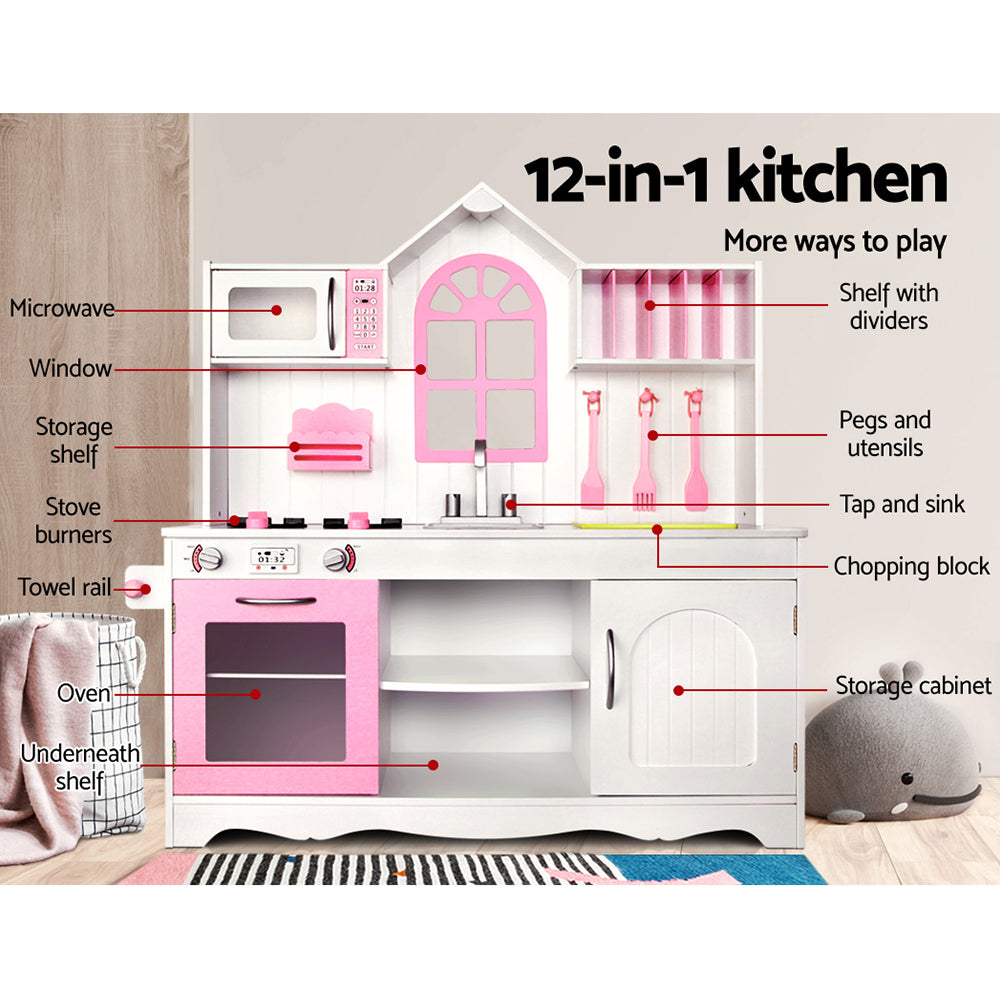 Keezi Kids Wooden Kitchen Play Set - White & Pink-Baby & Kids > Toys-PEROZ Accessories