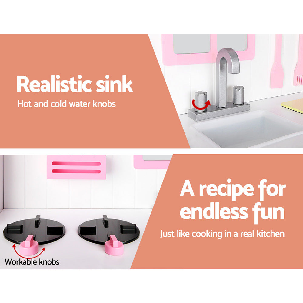 Keezi Kids Wooden Kitchen Play Set - White & Pink-Baby & Kids > Toys-PEROZ Accessories