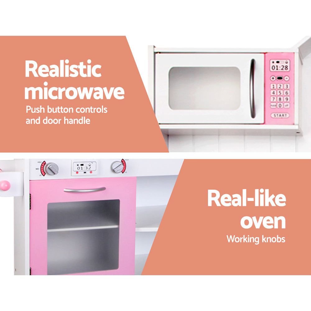 Keezi Kids Wooden Kitchen Play Set - White & Pink-Baby & Kids > Toys-PEROZ Accessories