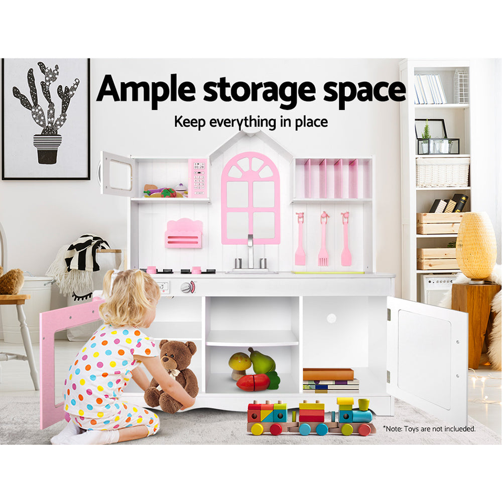 Keezi Kids Wooden Kitchen Play Set - White & Pink-Baby & Kids > Toys-PEROZ Accessories