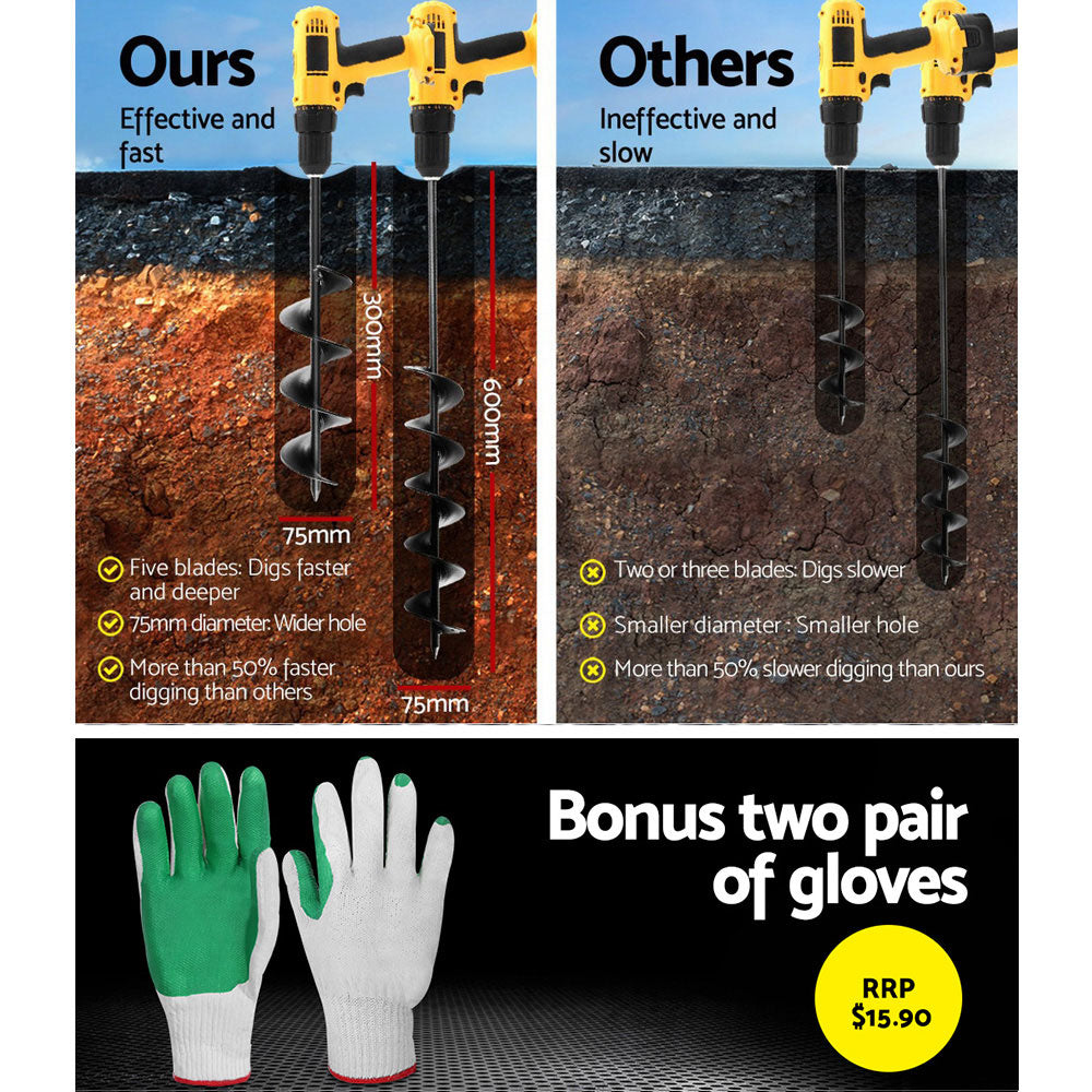 Giantz Power Garden Spiral Auger Hole Digger Earth Drill Bit Φ75x300 & 600mm-Tools > Power Tools-PEROZ Accessories