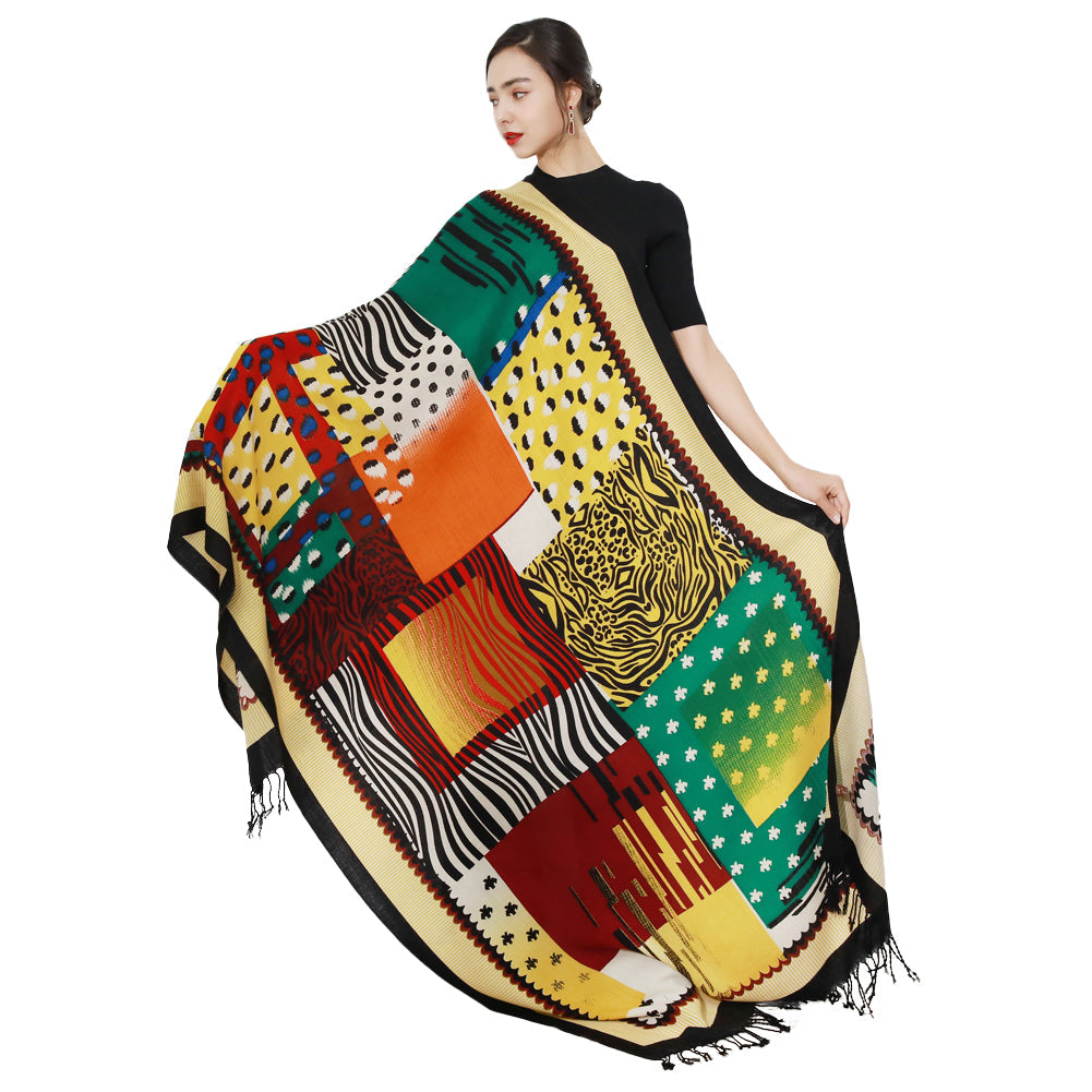 Anyyou 100% Merino Wool Yellow Multipattern Silk Satin Large Winter Scarf Pashmina Shawl Bandana Perfect For Women Ladies Fashion Style-Scarves-PEROZ Accessories