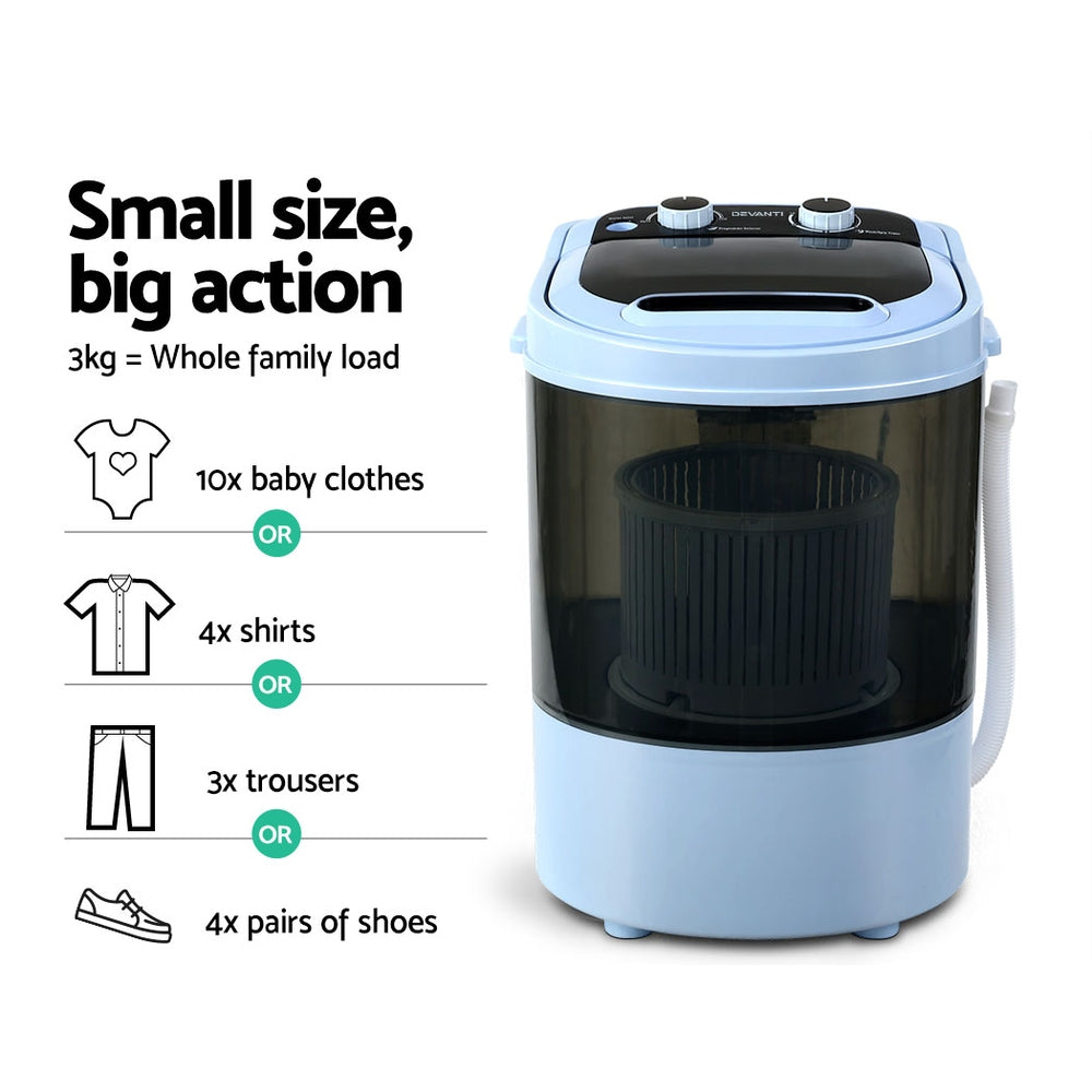 Devanti 3KG Mini Portable Washing Machine Shoes Wash Top Load Spin Camp Caravan-Outdoor &gt; Camping-PEROZ Accessories