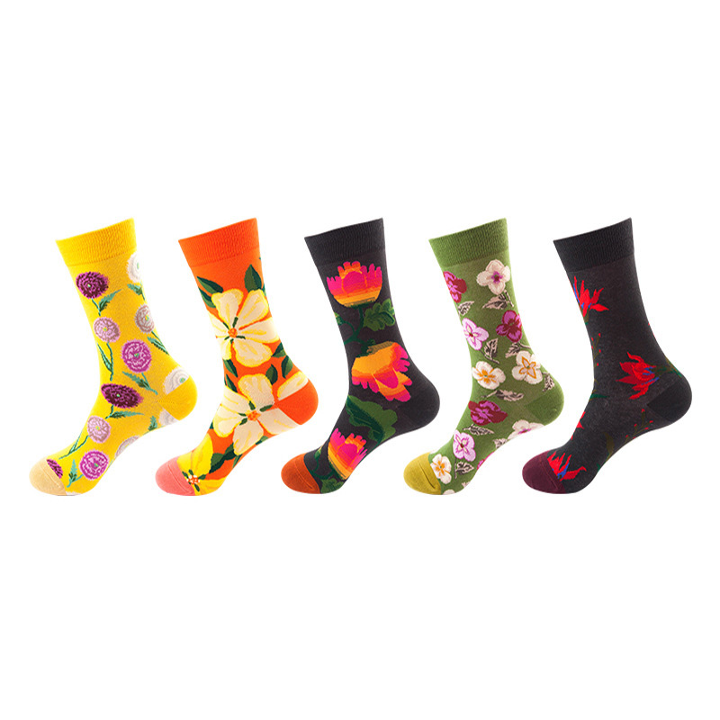 Anysox 5 Pairs One Size 5-11 Mixed Color Socks Floral Cotton Fashion Woman Skateboard Oil Paitiing-Socks-PEROZ Accessories