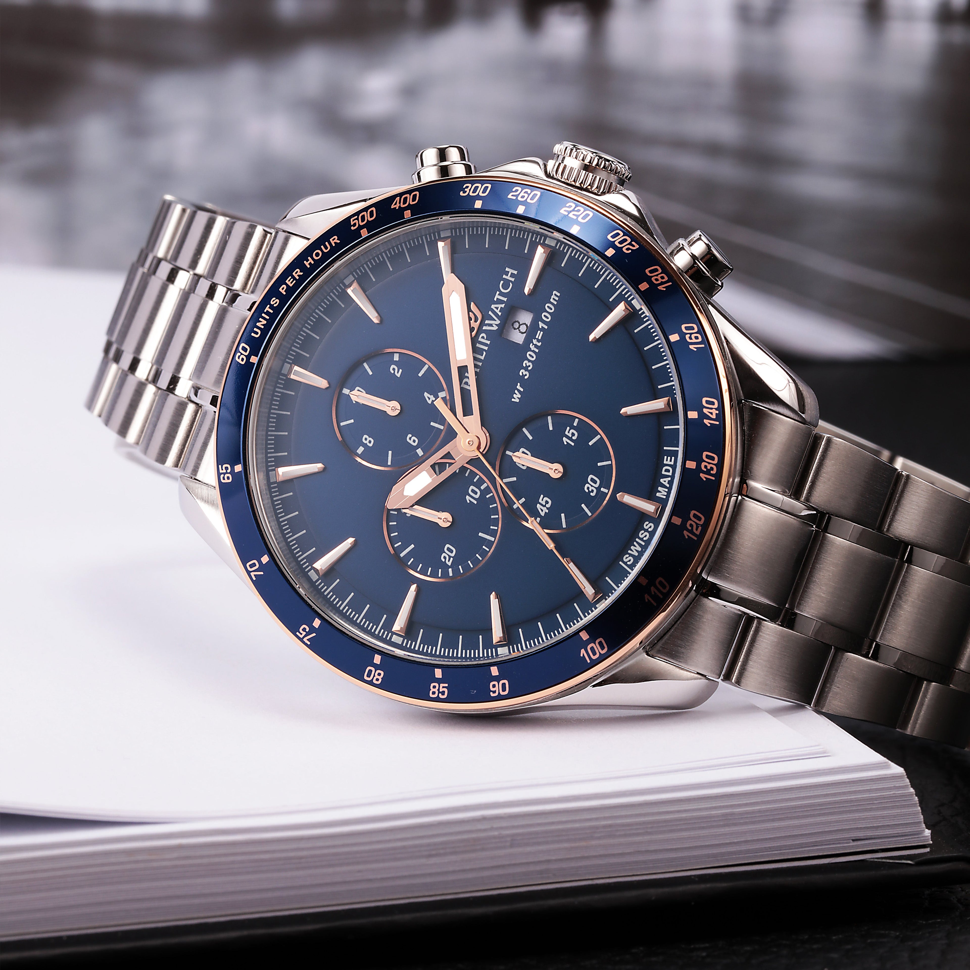 Philip Watch Blaze Blue 44mm Chronograph-Quartz Watches-PEROZ Accessories