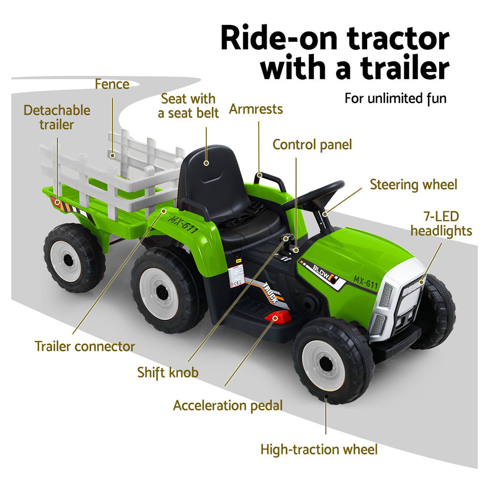 Rigo Ride On Car Tractor Trailer Toy Kids Electric Cars 12V Battery Green-Baby & Kids > Toys-PEROZ Accessories