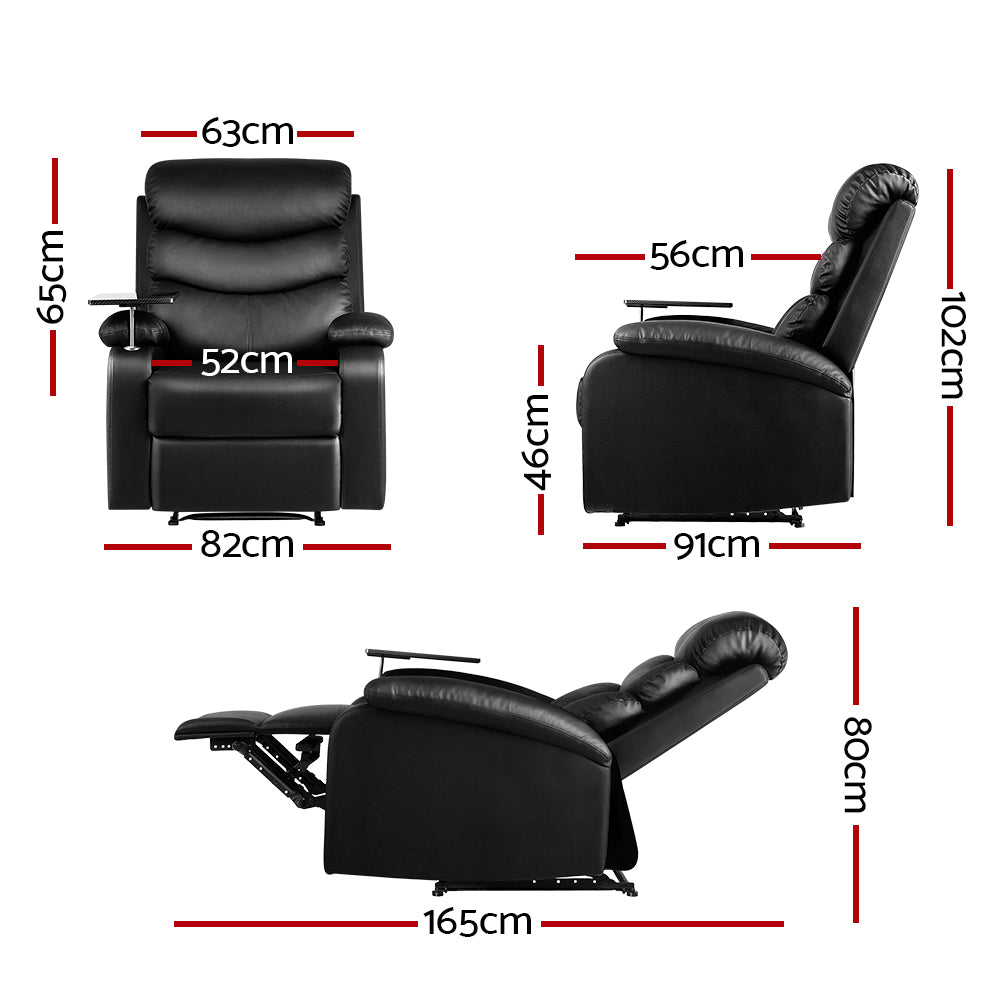 Artiss Recliner Chair Armchair Lounge Sofa Chairs Couch Leather Black Tray Table-Furniture > Living Room - Peroz Australia - Image - 2