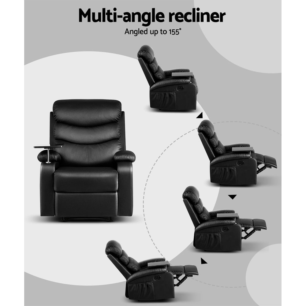 Artiss Recliner Chair Armchair Lounge Sofa Chairs Couch Leather Black Tray Table-Furniture > Living Room - Peroz Australia - Image - 5