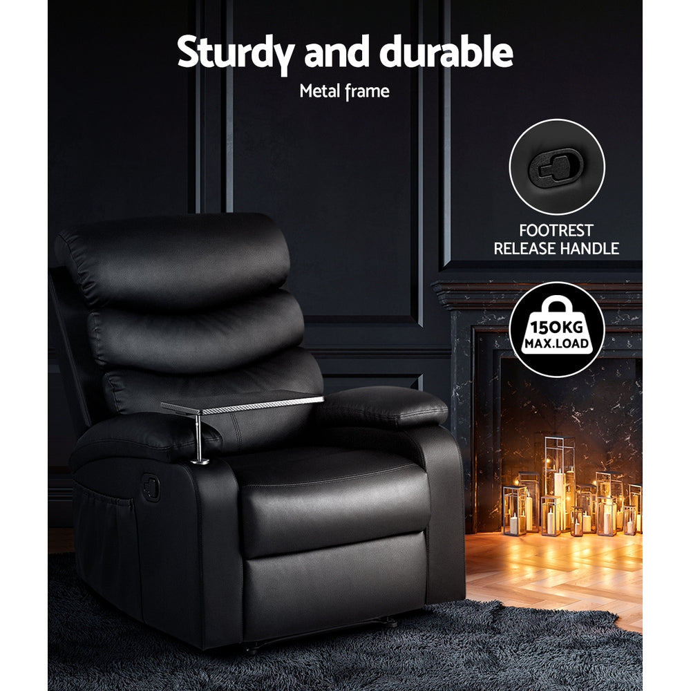 Artiss Recliner Chair Armchair Lounge Sofa Chairs Couch Leather Black Tray Table-Furniture > Living Room - Peroz Australia - Image - 6