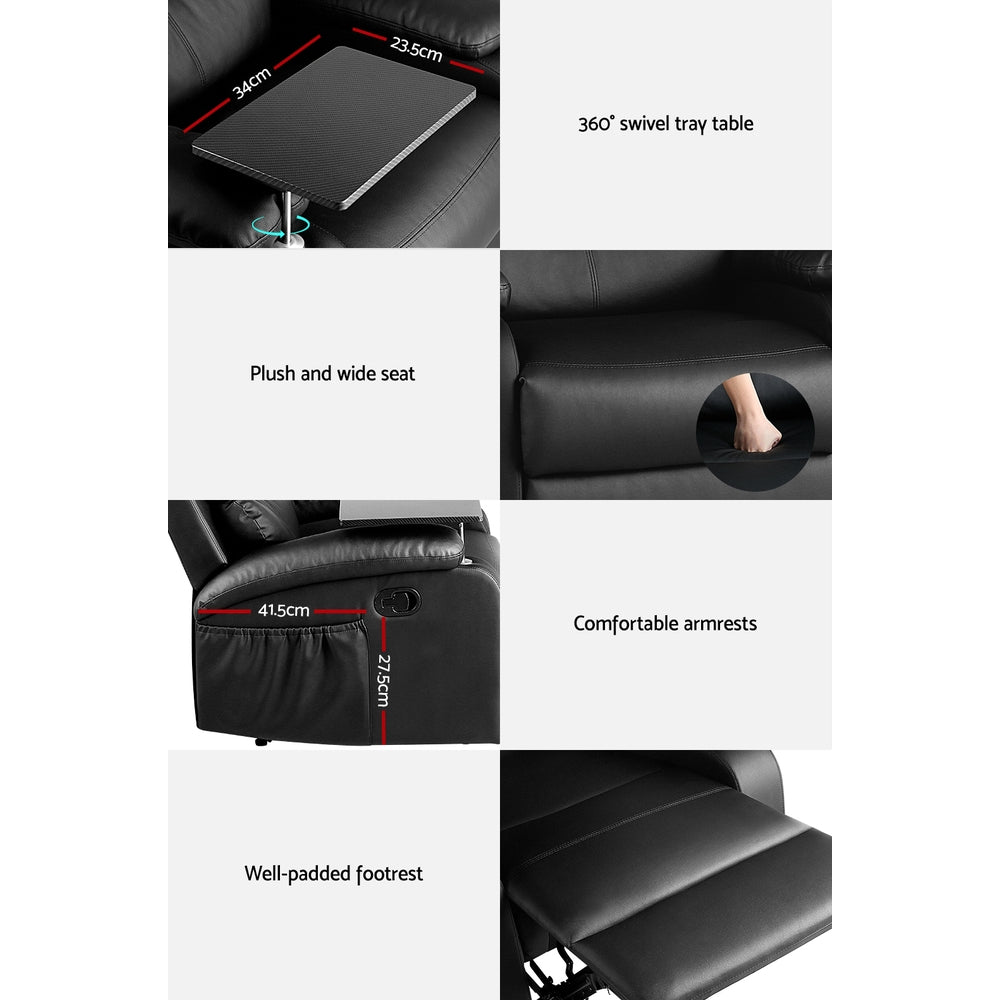 Artiss Recliner Chair Armchair Lounge Sofa Chairs Couch Leather Black Tray Table-Furniture > Living Room - Peroz Australia - Image - 7