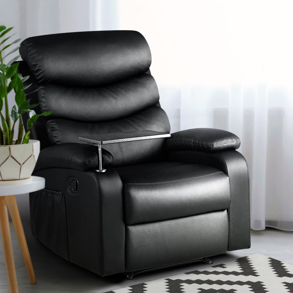 Artiss Recliner Chair Armchair Lounge Sofa Chairs Couch Leather Black Tray Table-Furniture > Living Room - Peroz Australia - Image - 8