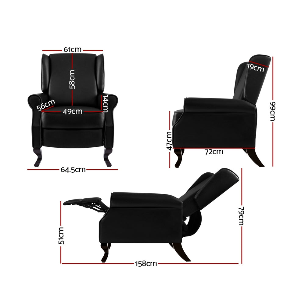 Artiss Recliner Chair Sofa Armchair Lounge Black Leather-Furniture > Living Room - Peroz Australia - Image - 2