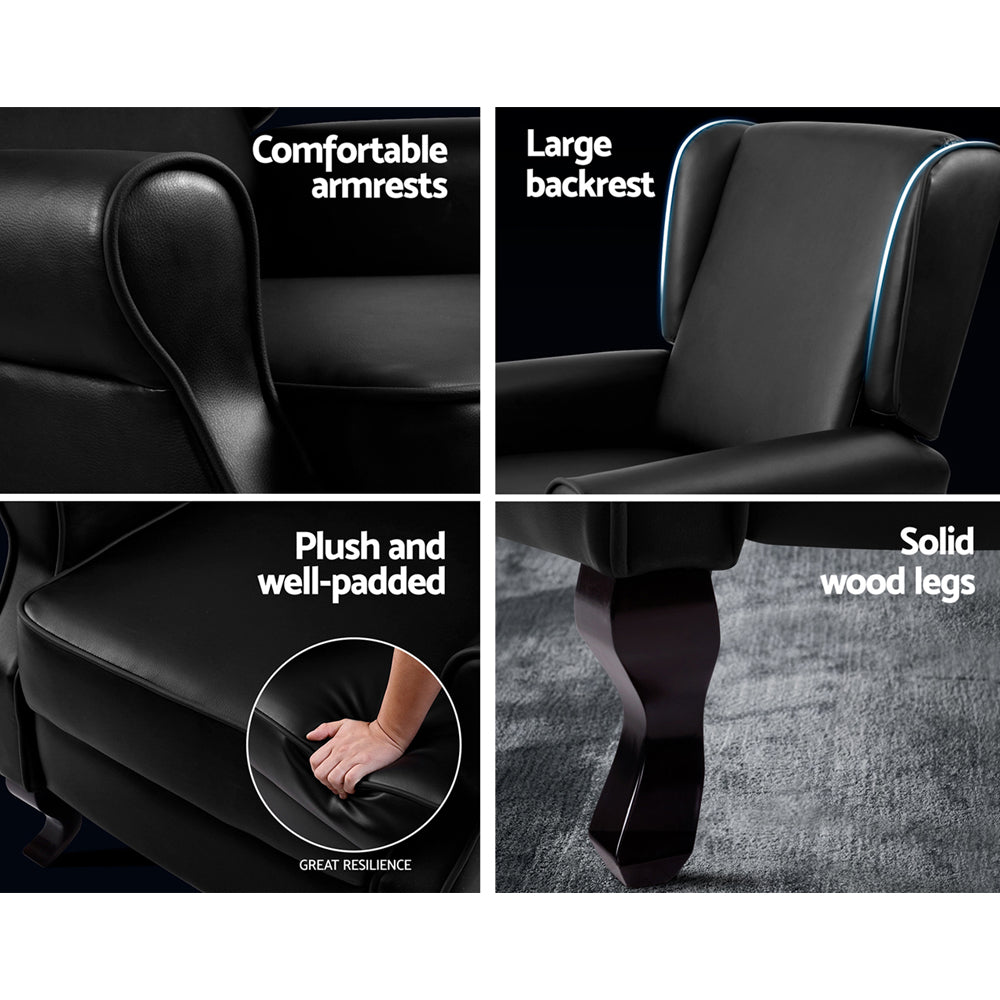 Artiss Recliner Chair Sofa Armchair Lounge Black Leather-Furniture > Living Room - Peroz Australia - Image - 6