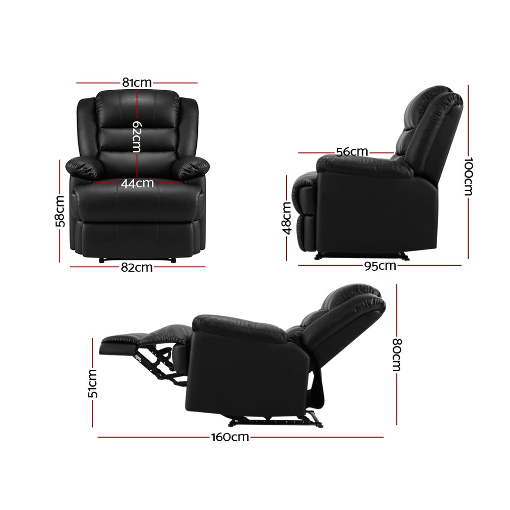 Artiss Recliner Chair Armchair Luxury Single Lounge Sofa Couch Leather Black-Furniture > Living Room - Peroz Australia - Image - 2