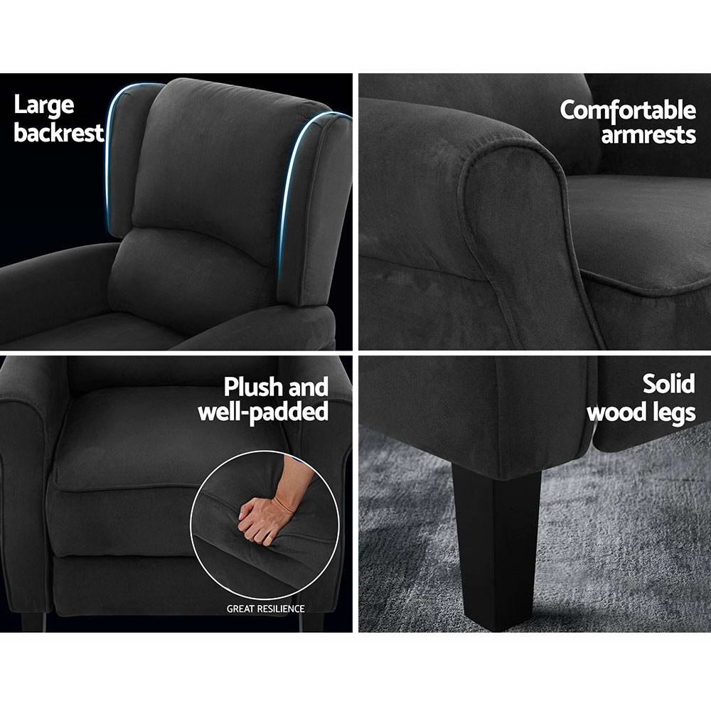 Artiss Recliner Chair Adjustable Sofa Lounge Soft Suede Armchair Couch Charcoal-Furniture > Living Room - Peroz Australia - Image - 6