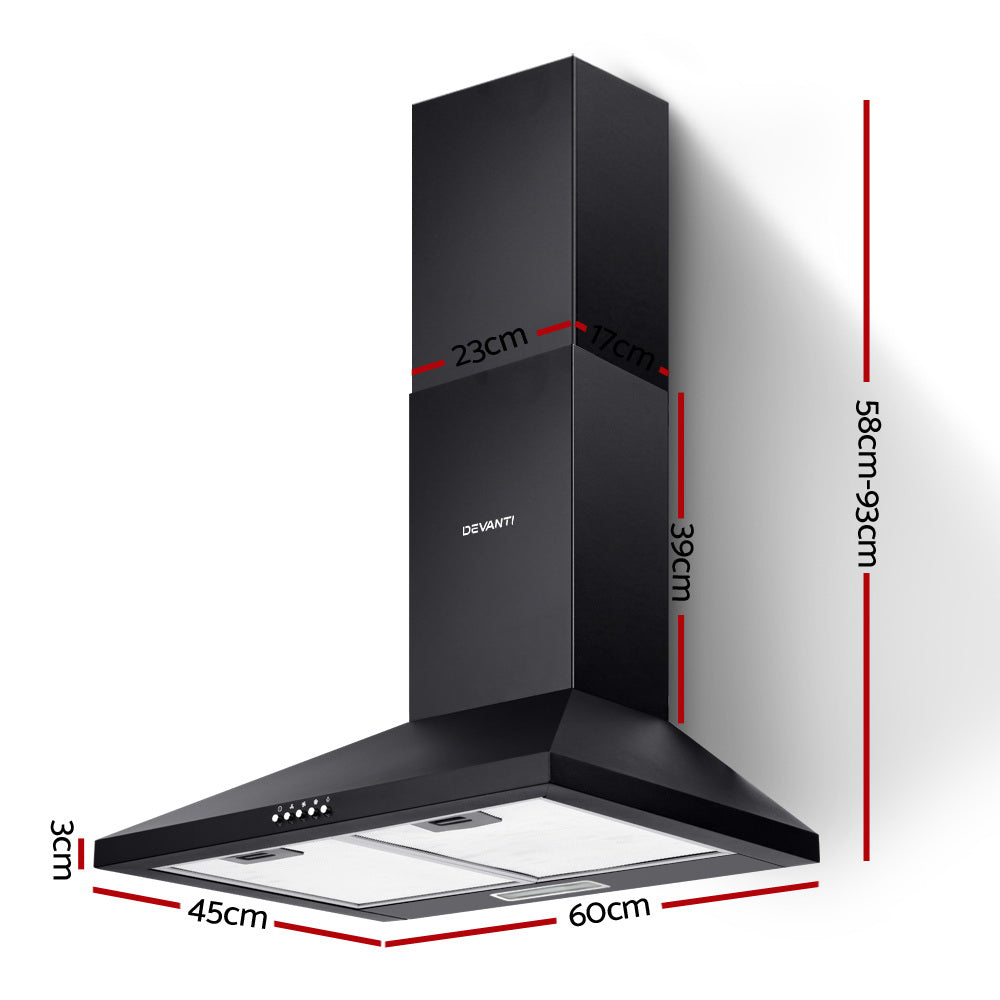 Devanti Pyramid Range Hood Rangehood 600mm 60cm Kitchen Canopy Black-Appliances > Kitchen Appliances-PEROZ Accessories