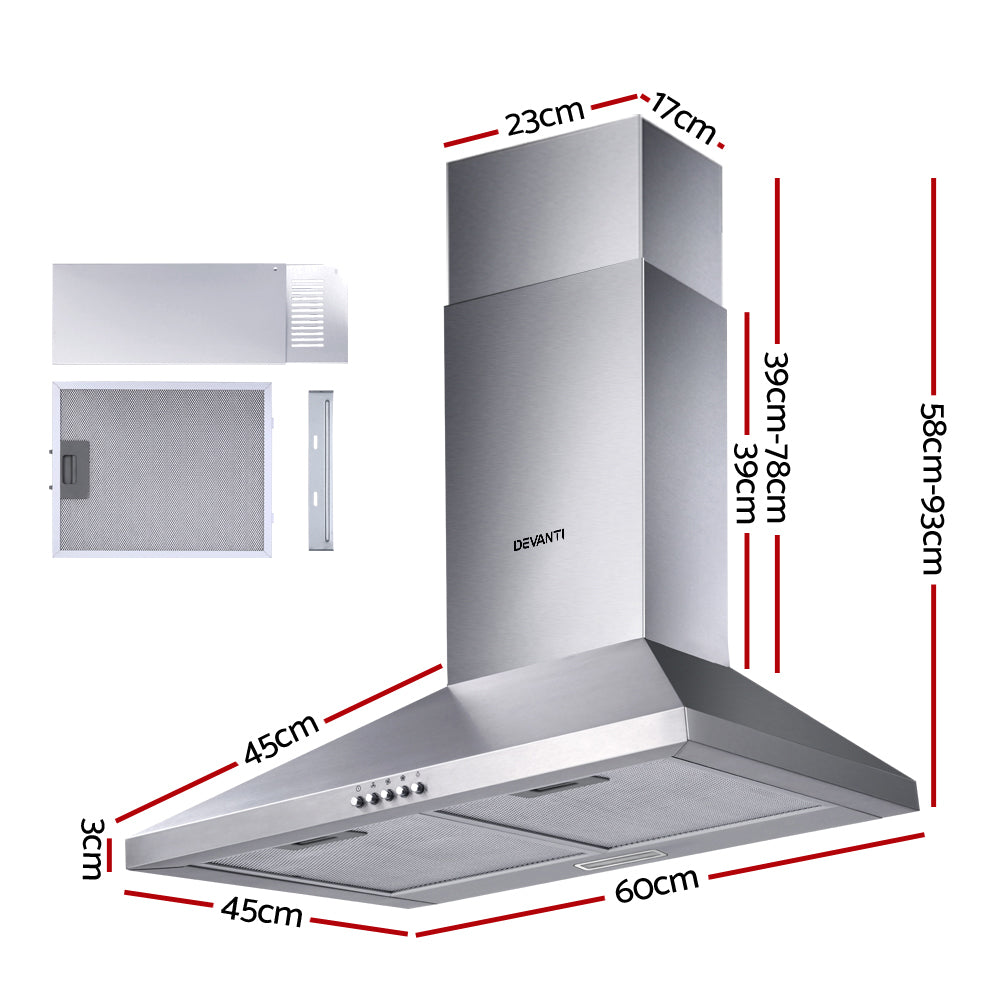 Devanti Range Hood 60cm 600mm Kitchen Canopy Stainless Steel Rangehood Wall Mount-Appliances > Kitchen Appliances-PEROZ Accessories