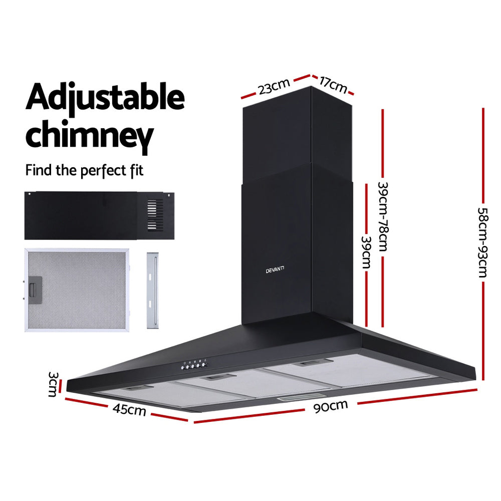 Devanti Range Hood Rangehood 90cm 900mm Kitchen Canopy LED Light Wall Mount Black-Appliances > Kitchen Appliances-PEROZ Accessories
