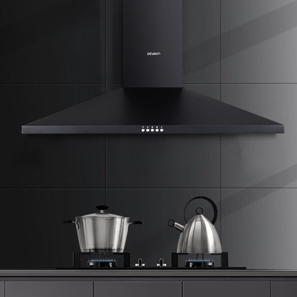Devanti Range Hood Rangehood 90cm 900mm Kitchen Canopy LED Light Wall Mount Black-Appliances > Kitchen Appliances-PEROZ Accessories