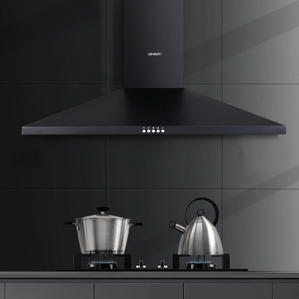 Devanti Range Hood Rangehood 90cm 900mm Kitchen Canopy LED Light Wall Mount Black-Appliances &gt; Kitchen Appliances-PEROZ Accessories