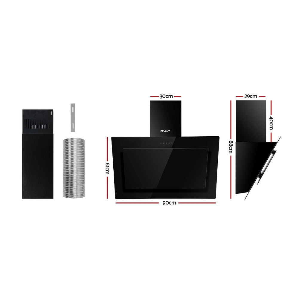 DEVANTI Rangehood 900mm Black Angled Side Draft Range Hood Canopy Glass 90cm-Appliances &gt; Kitchen Appliances-PEROZ Accessories