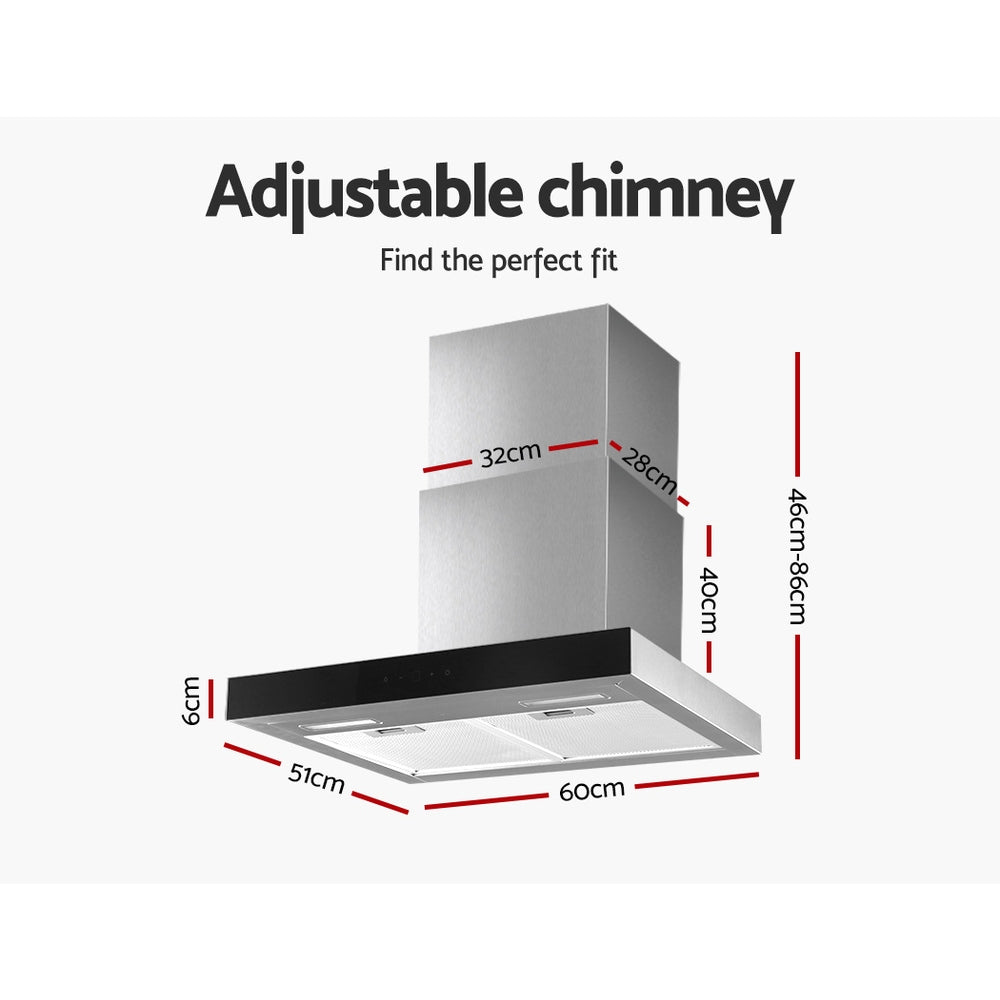 Devanti Rangehood 600mm Range Hood 60cm Stainless Steel Glass Kitchen Canopy-Appliances > Kitchen Appliances-PEROZ Accessories