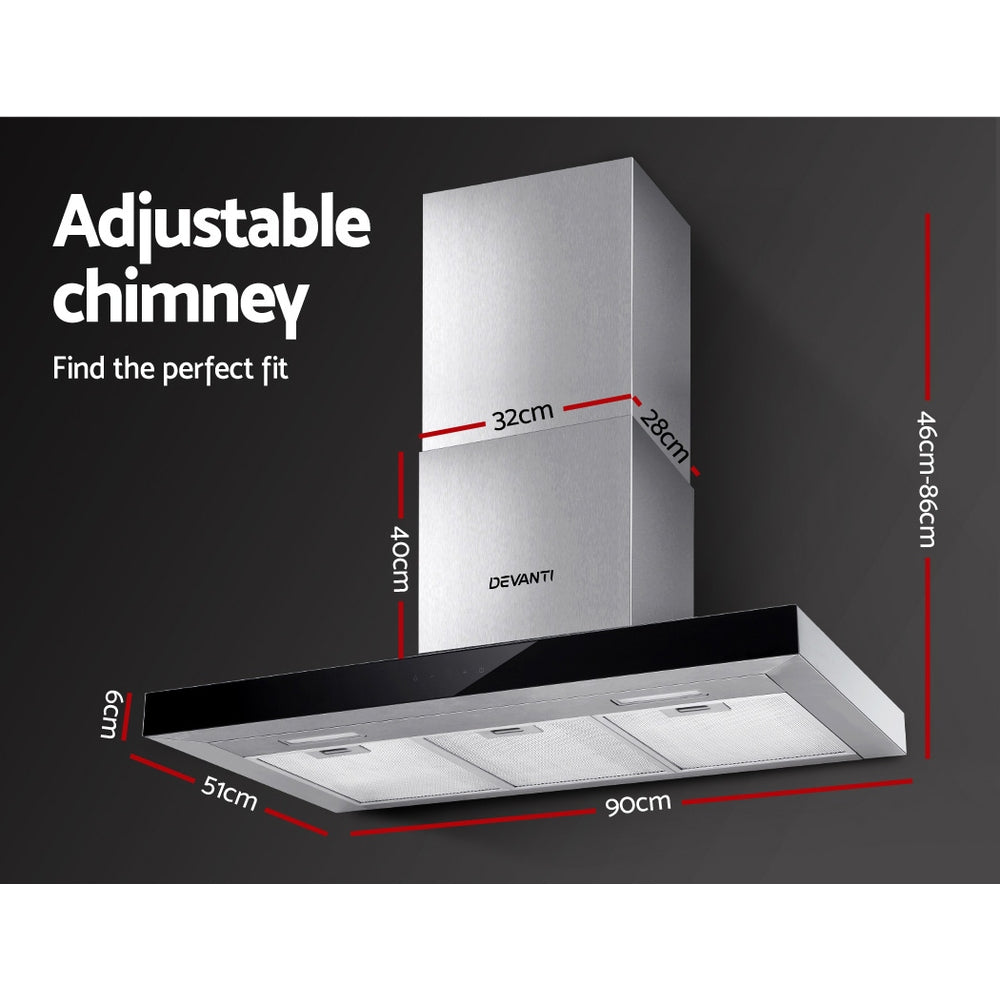 Devanti Range Hood 900mm Rangehood 90cm Stainless Steel Glass Kitchen Canopy Black-Appliances > Kitchen Appliances-PEROZ Accessories