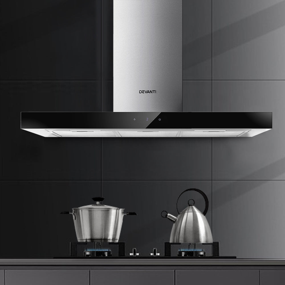 Devanti Range Hood 900mm Rangehood 90cm Stainless Steel Glass Kitchen Canopy Black-Appliances &gt; Kitchen Appliances-PEROZ Accessories