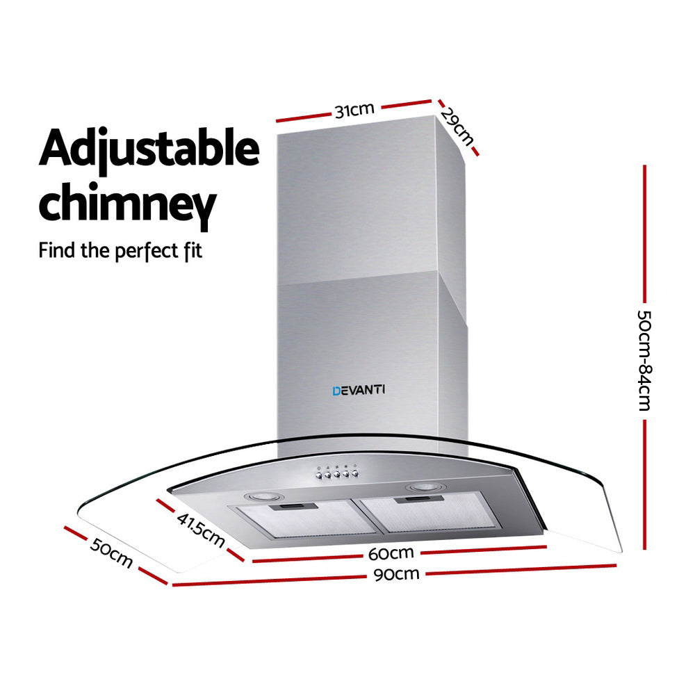 Devanti Range Hood 900mm Rangehood Kitchen Stainless Glass Canopy 90cm-Appliances > Kitchen Appliances-PEROZ Accessories