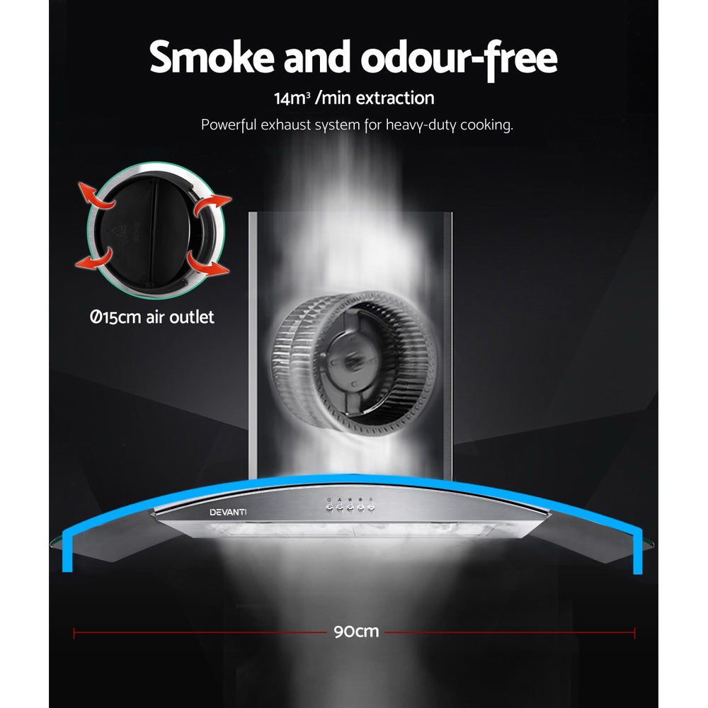 Devanti Range Hood 900mm Rangehood Kitchen Stainless Glass Canopy 90cm-Appliances > Kitchen Appliances-PEROZ Accessories