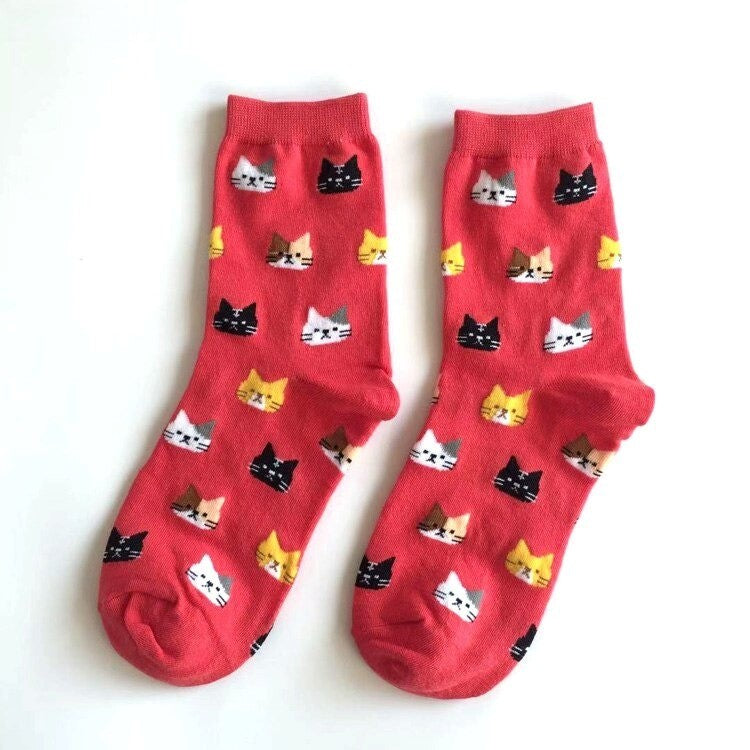 Anysox 5 Pairs Red Cat Size 5-9 Fashion Socks High Quality Office Sports Bussiness Long Socks Cotton Solid Colors Skateboard Knitted Casual-Socks-PEROZ Accessories