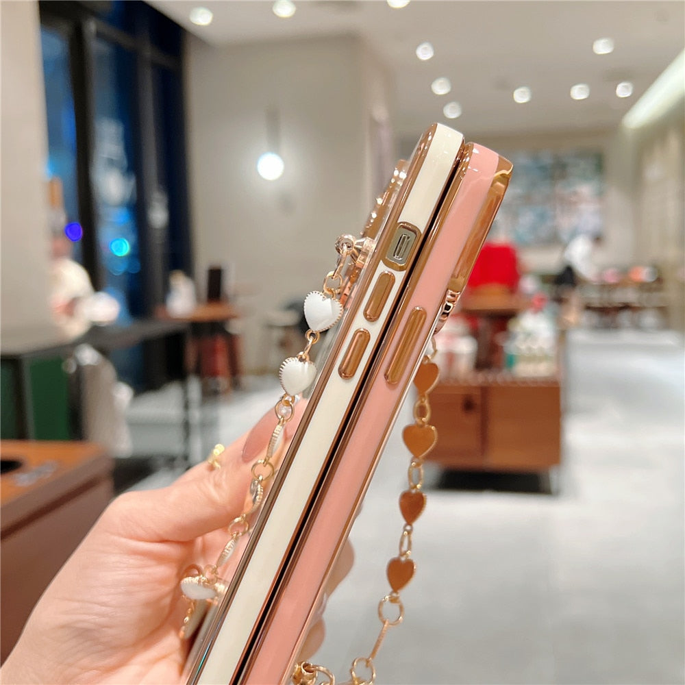 Anymob iPhone Case Mustard Electroplated Heart Bracelet Camera Protection Chain Cover-Mobile Phone Cases-PEROZ Accessories