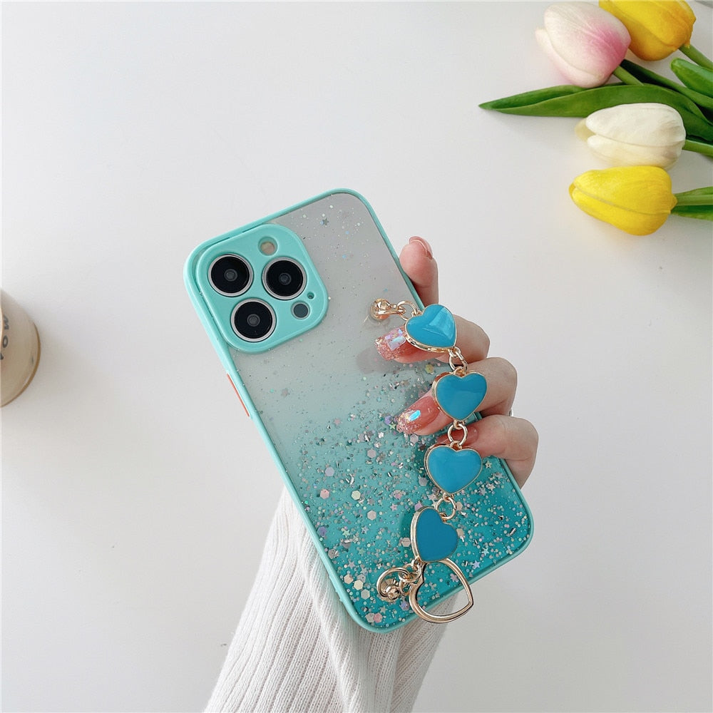 Anymob iPhone Case Pink Glitter Sequins Love Heart Bracelet Clear Soft Cover-Mobile Phone Cases-PEROZ Accessories