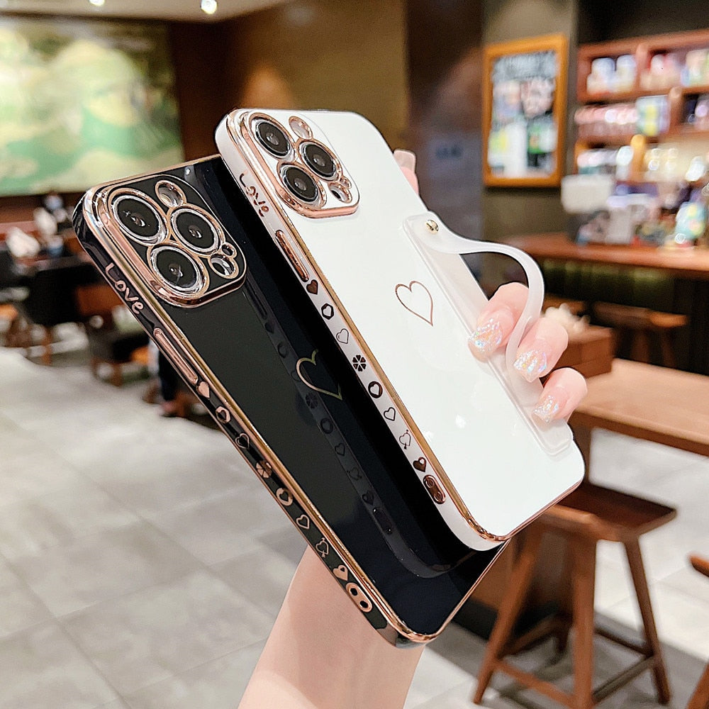 Anymob iPhone Case Black Love Heart Plating Wristband Bracket Electroplated Silicone Soft Shockproof Back Cover-Mobile Phone Cases-PEROZ Accessories