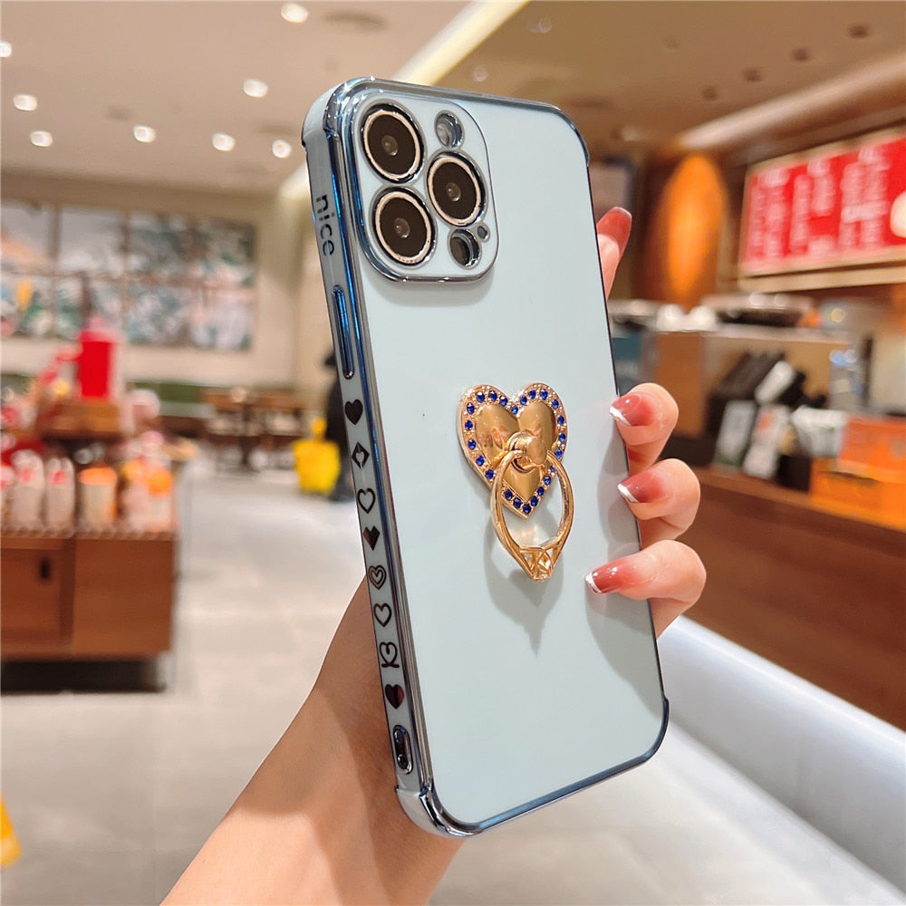 Anymob iPhone Case Blue Plating Love Heart Ring Holder Shockproof Soft Silicone Cover-Mobile Phone Cases-PEROZ Accessories
